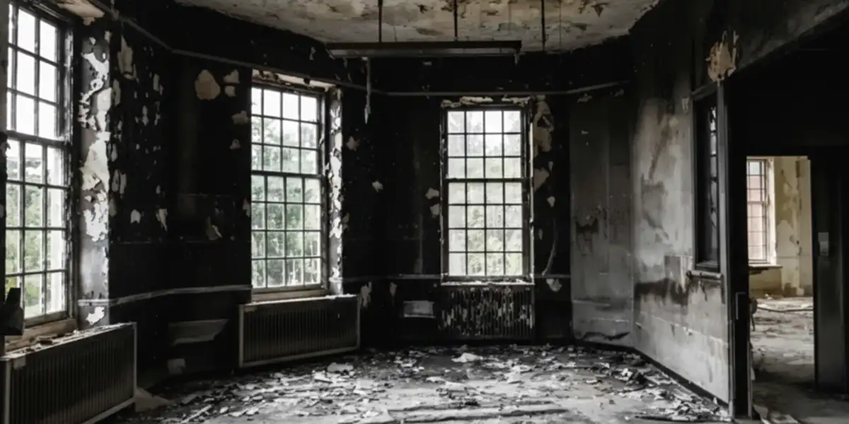 fire damage repair addressing severe interior damage and smoke residue inside a burned home in Charleston, SC