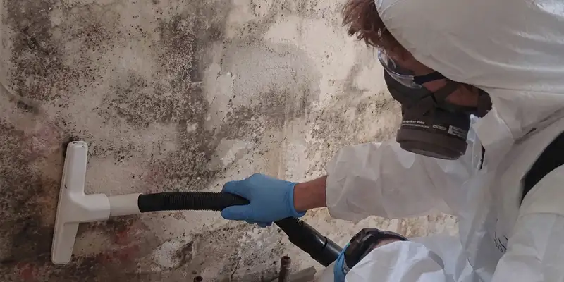 professional mold removal technician wearing protective equipment removing mold from a wall in Charleston, SC