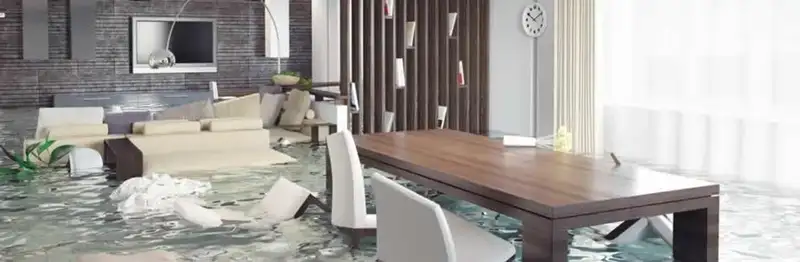home interior affected by water damage with flooded floors and displaced furniture in Charleston, SC